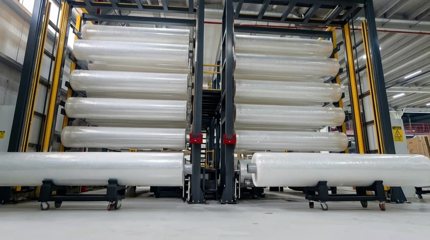 MGS Balikesir fabrikasi jumbo POF shrink film rulo depolama raflari