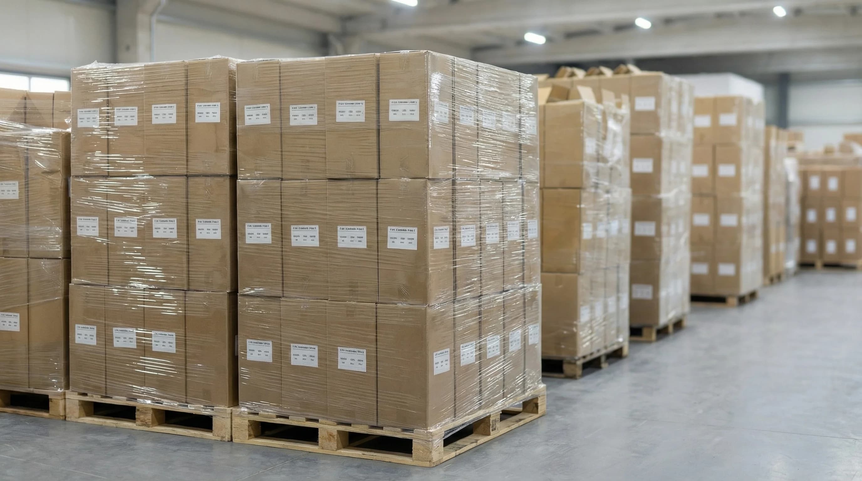 MGS sevkiyata hazir POF shrink film kolileri palet uzerinde siralanmis