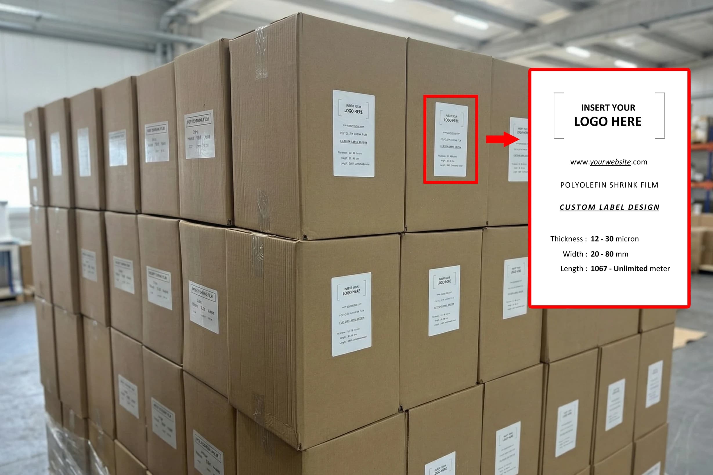 MGS özel etiket hizmeti — distribütör marka logosu basılı POF shrink film sevkiyat kolileri, yerli baskı ve private label paketleme