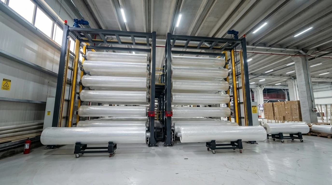 MGS jumbo POF shrink film rulolari depo raflari — surdurulebilir uretim